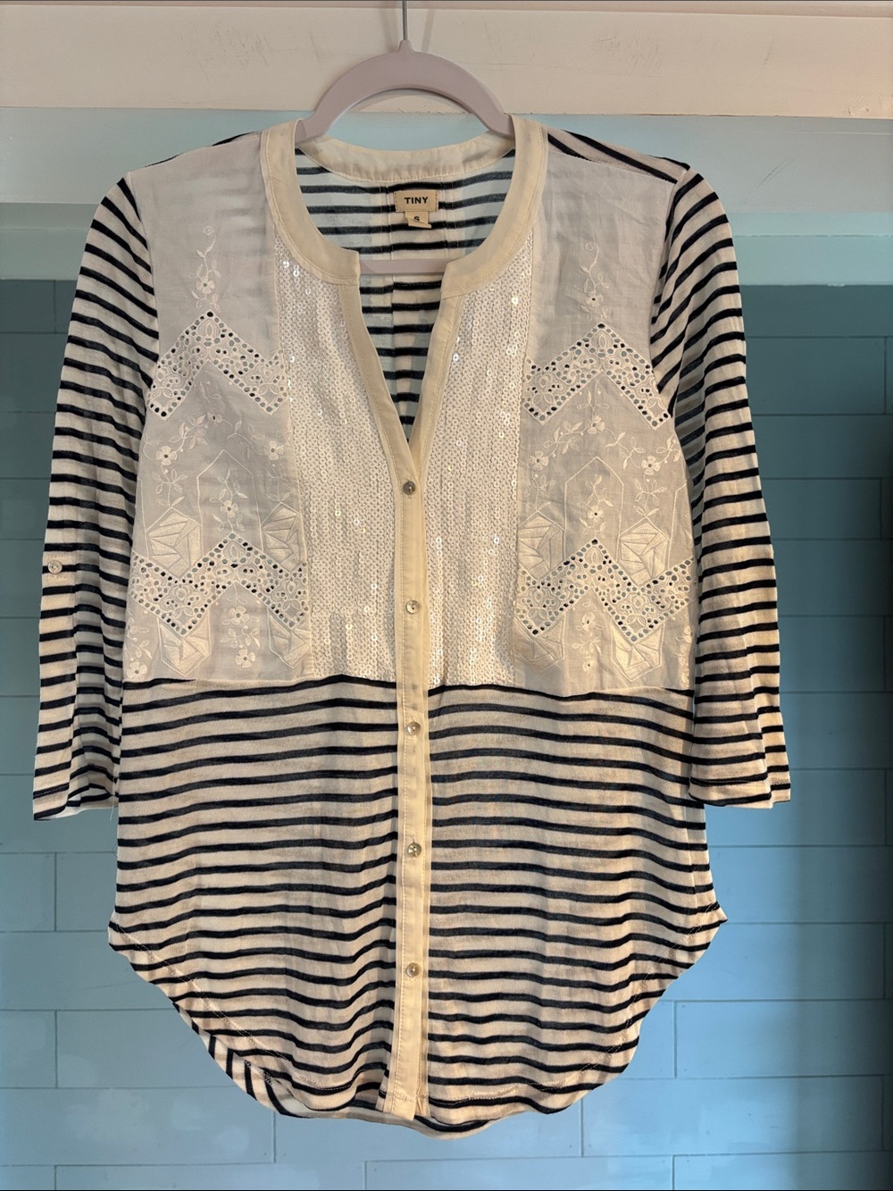 TINY White & Navy Striped Embroidered Button-Down Shirt